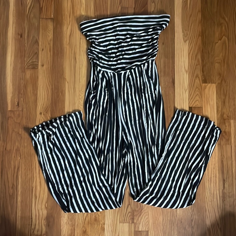 Strapless Black and White Striped Jumpsuit